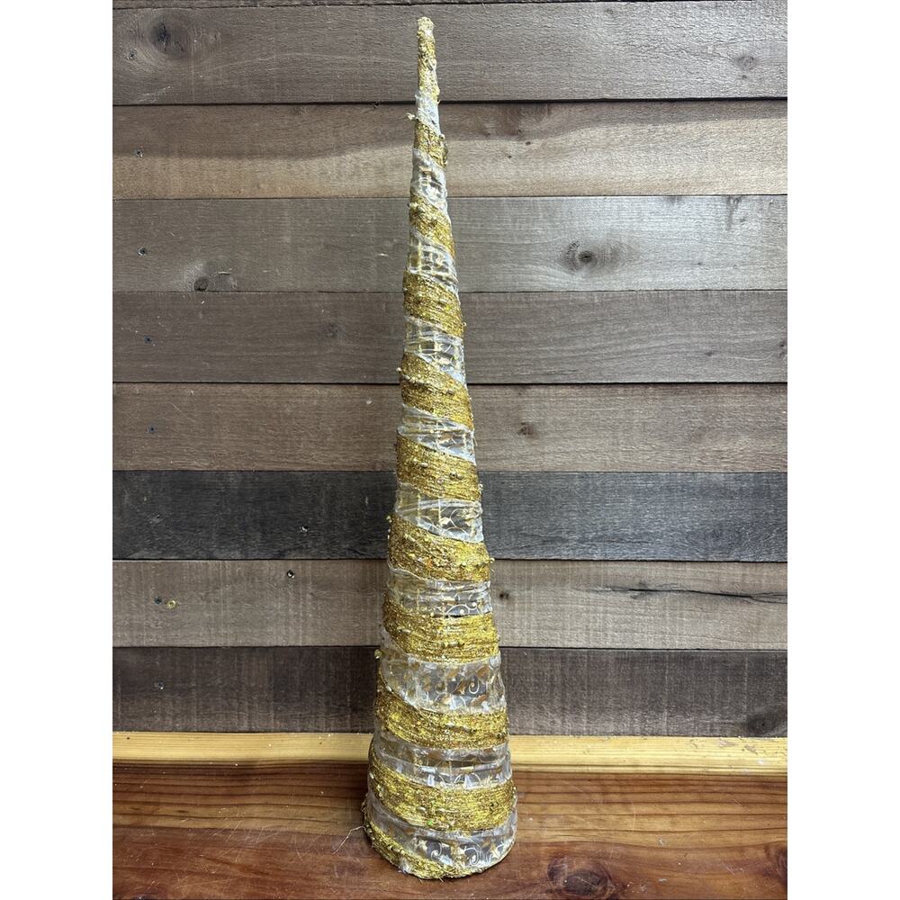 Metal And Ribbon Gold Sparkly Cone Tree 28”